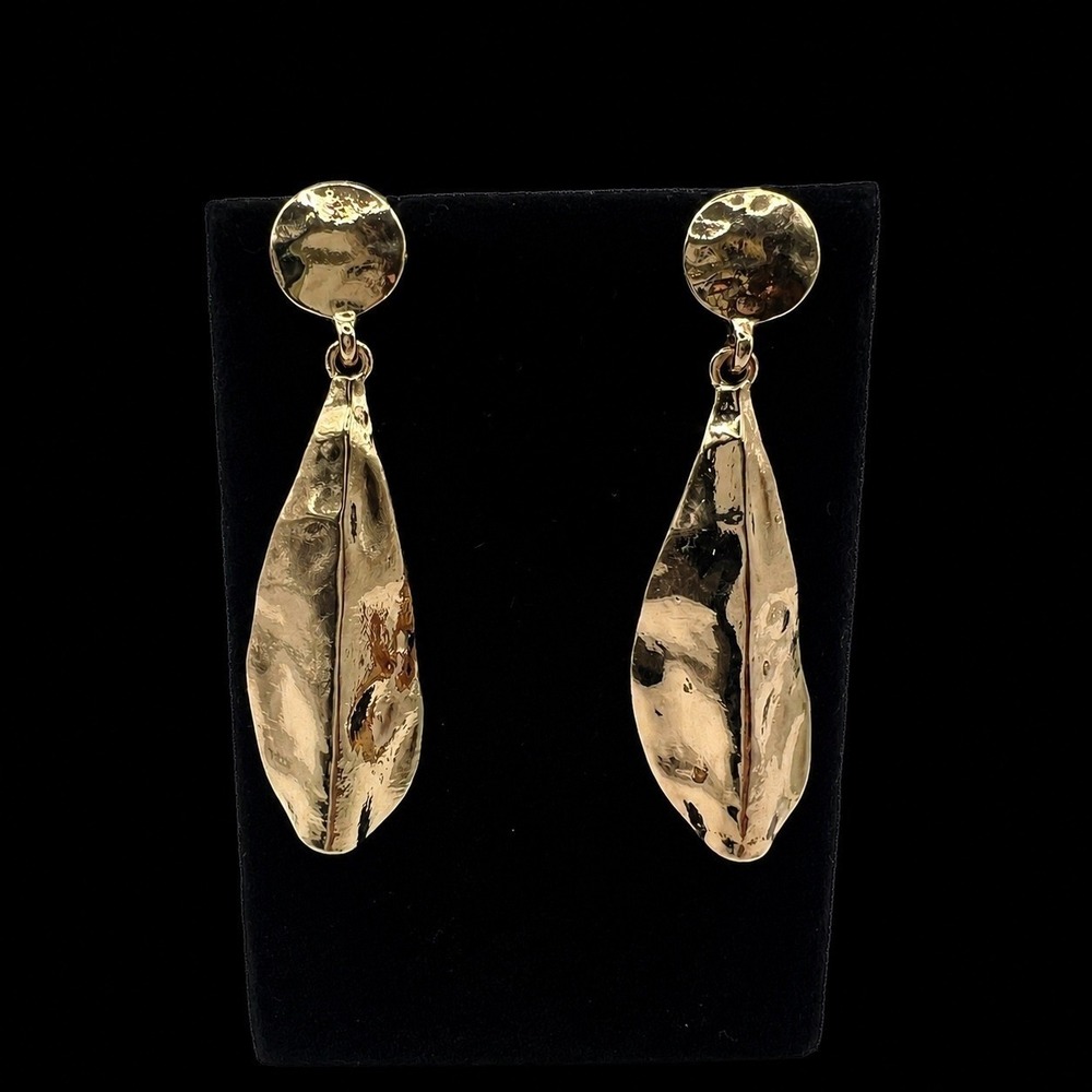 Hammered Gold Tone Organic Leaf Drop Earrings Textured Statement Dangle Post‎